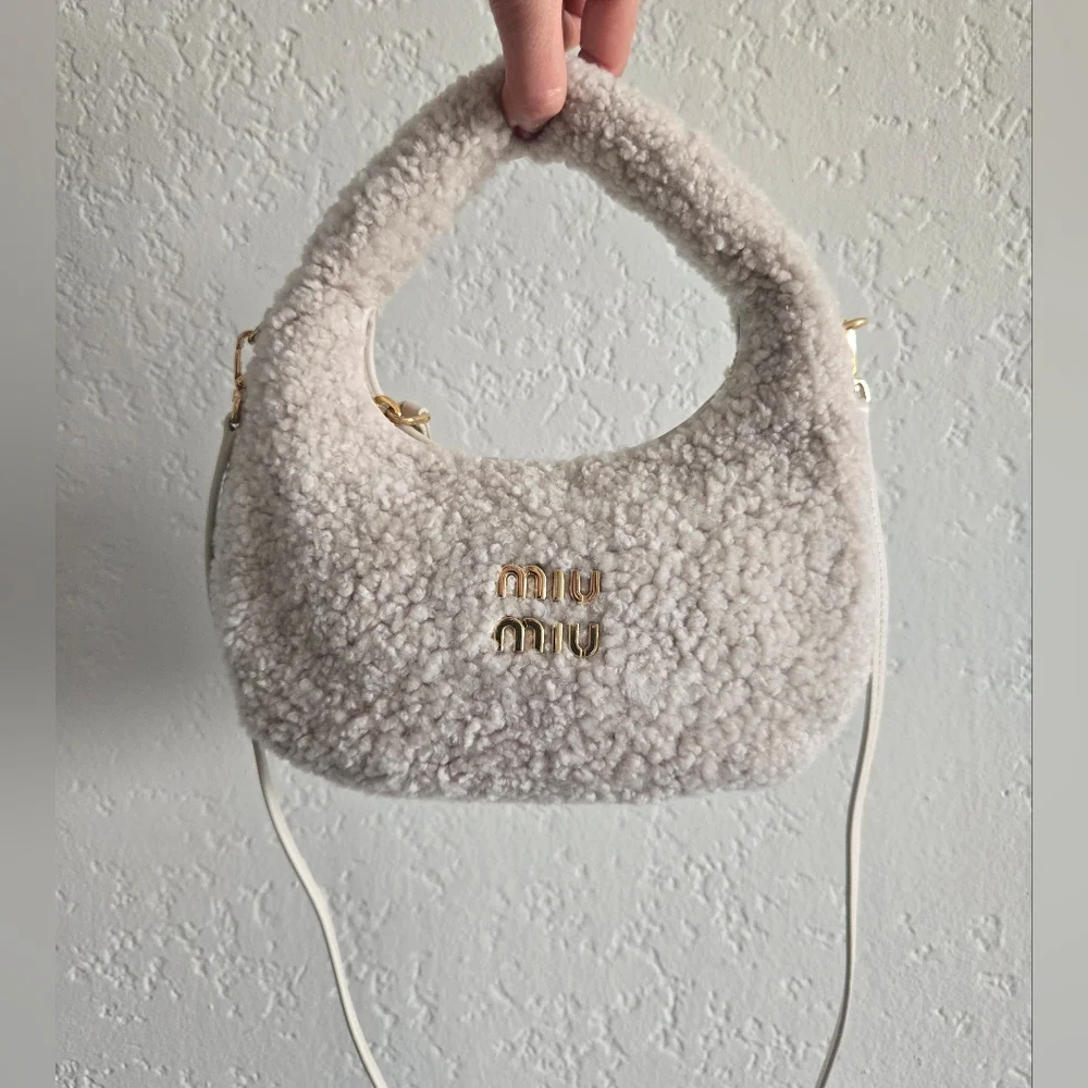 Miu Miu Cream Wander Shearling Hobo Handbag/Crossbody